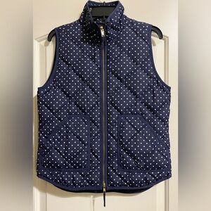 J. Crew Down Feather Quilted Puffer Zip Up Vest Navy Blue & White Polka Dot S